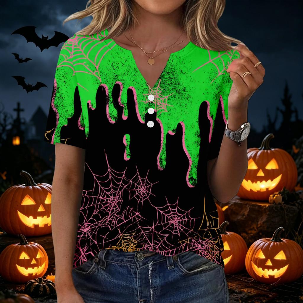 Women's Casual Halloween Print V Neck Button Front Three Quarter Sleeve T Shirt Top for Everyday Wear and Seasonal Occasions