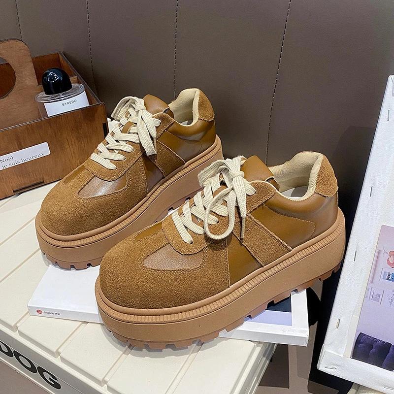 Thick Sole Round Toe Lace-Up Running Shoe Street Fashion Women Sports Casual Shoes Versatile Japanese Style Sponge Sole Loafers