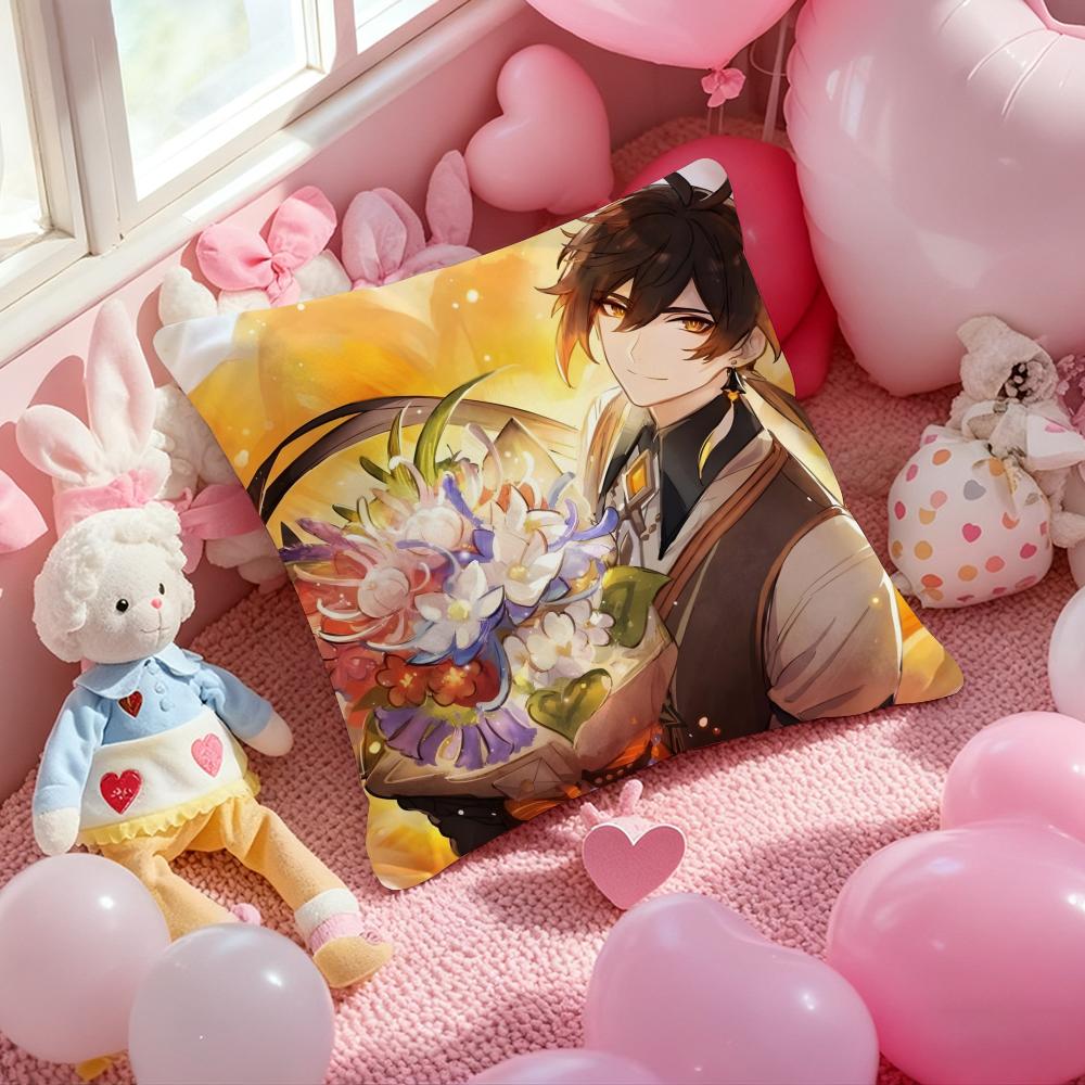 Zhongli Genshin Impact Cushion Cover Pattern Printed Pillowcase for Living Room Sofa Cushion Cover & Bedroom Decor