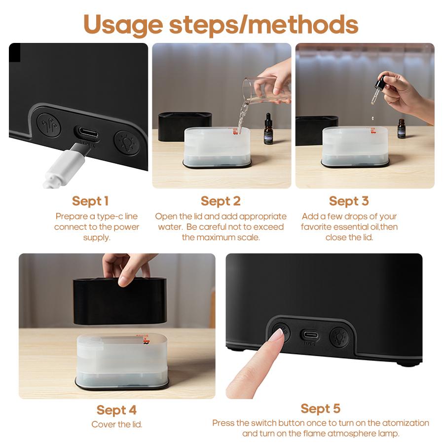 Mini Aroma Diffuser Realistic Flame Lights Aromatherapy Essential Oils Colorful RGB Air Humidifier Desktop USB Sprayer