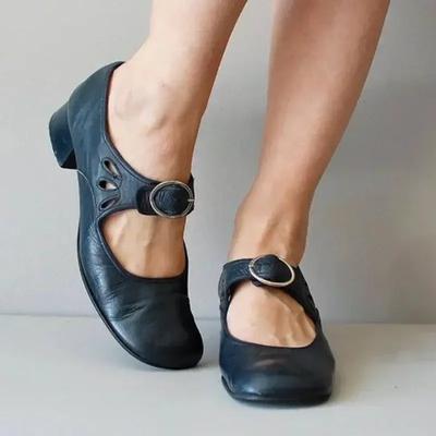 Damenschuhe Frühling Low Heels Einzelschuhe Schnalle Flache dicke Absätze Arbeitsmutter Schuhe