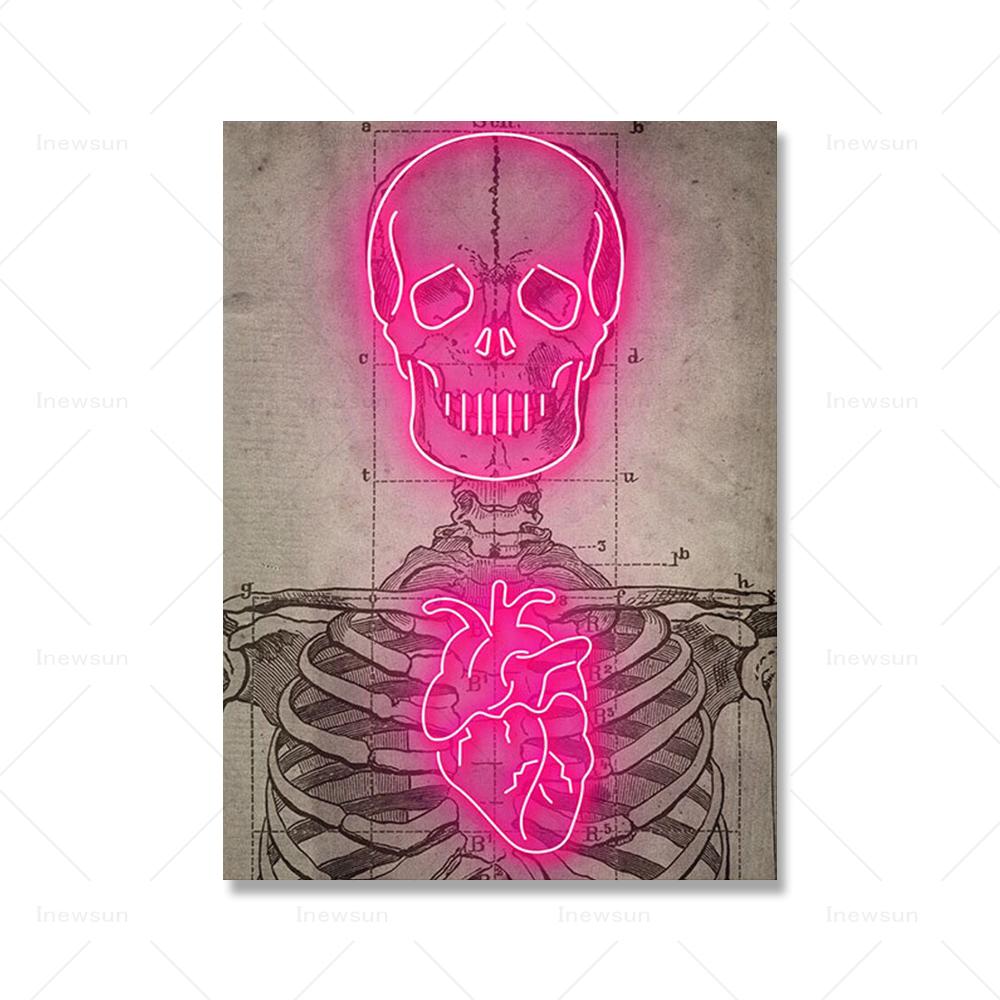 Neon Skeleton Vintage Diagram Art Print Medical Poster Modern Neon Heart  Canvas Painting Doctor Office Room Wall Pictures Decor