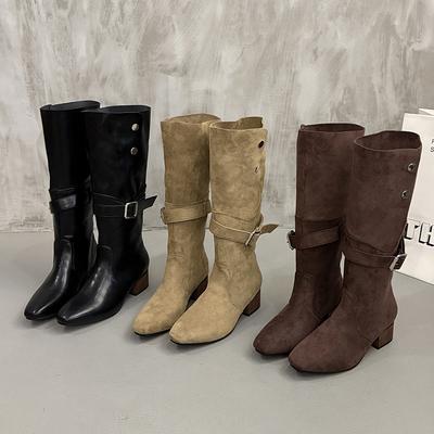 Suede Thick Heel Pointed Head Medium Tube Stacking Boots Women's 2025 Autumn and Winter New Belt Buckle Two Wear High Heel Long Tube Fashion Boots