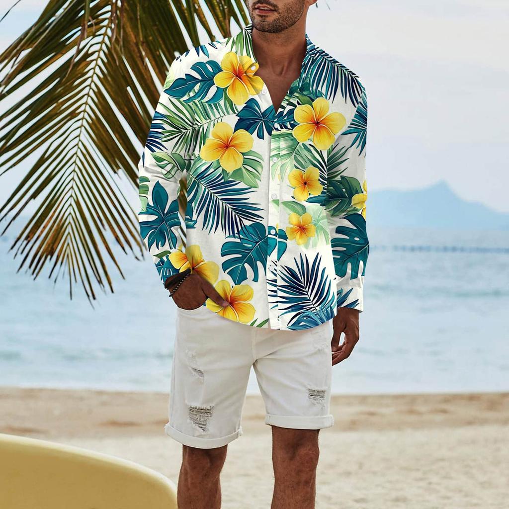 Men's Fashion Long Sleeve Printed Casual T Shirt Button Regular Fit Shirt Top