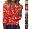 Women's Fashion Casual Christmas Print V-Neck Button Three-Quarter Sleeve T-Shirt Top
