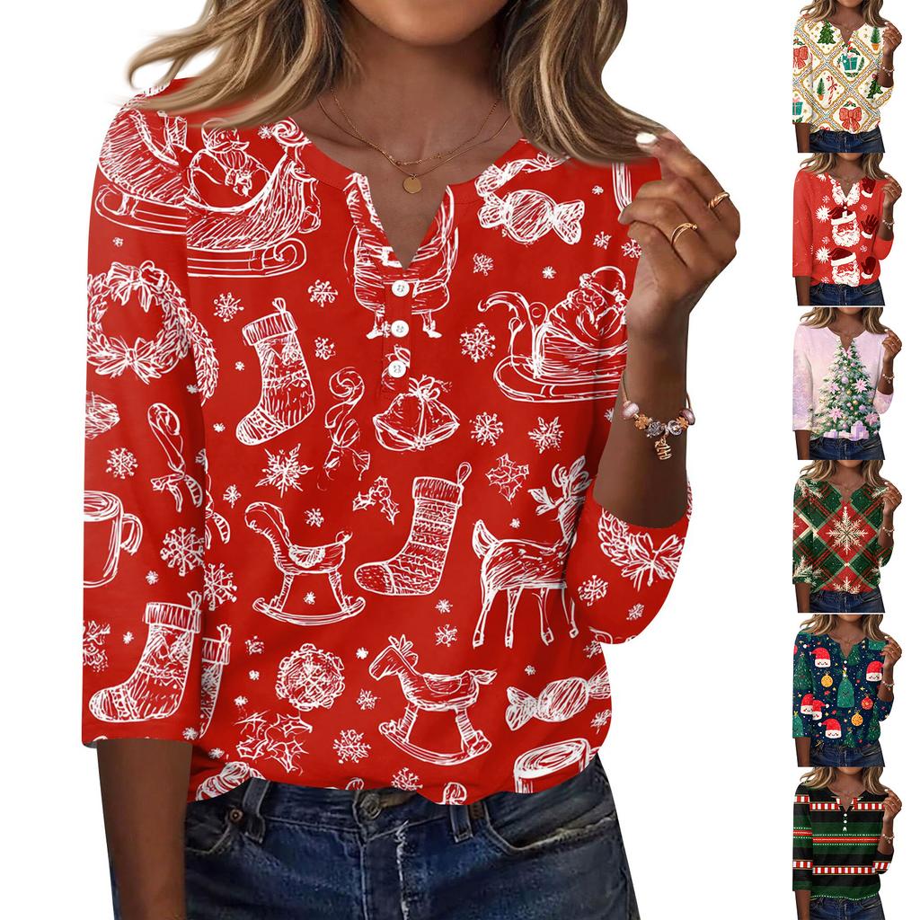 Women's Fashion Casual Christmas Print V-Neck Button Three-Quarter Sleeve T-Shirt Top