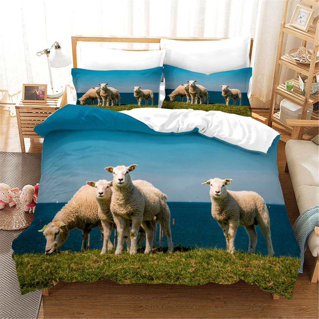 Funny Sheep King Queen Bedding Set Kids Farm Animal Duvet Cover White Little Lamb Comforter Cover 2/3pcs Polyester Quilt Cover