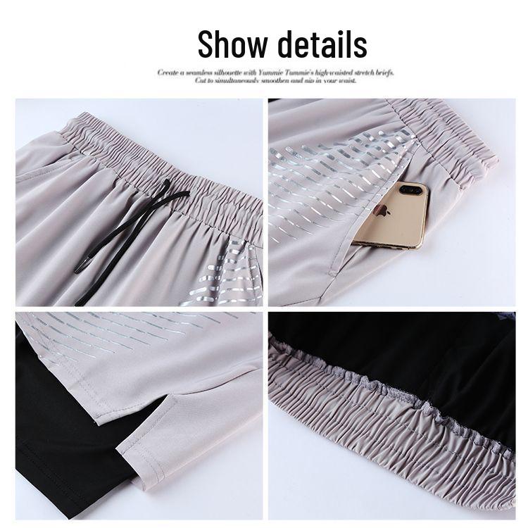 Men's Quick-Dry Double-Layer Running Shorts - Breathable, Printed, Five-Point Fitness Design.