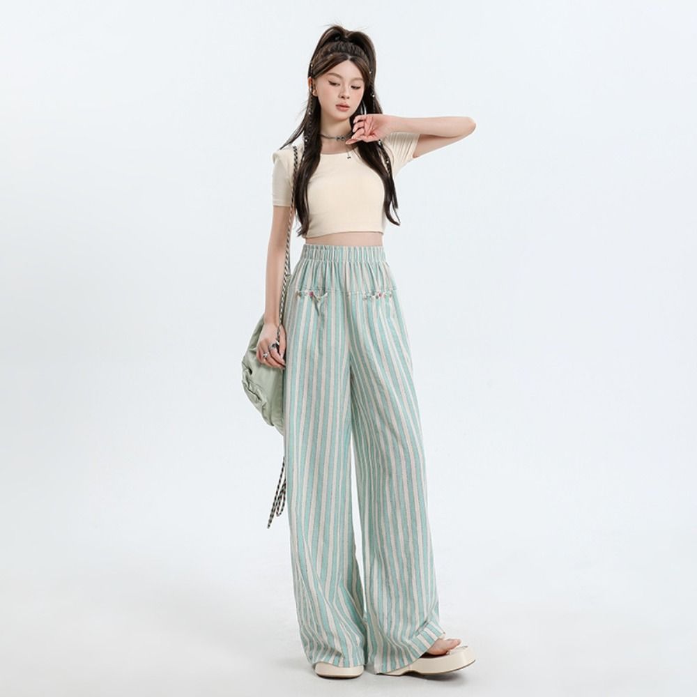 Loose Wide Leg Pants Chic Straight Leg Pants Sweet Casual Stripe Long Pants  Women