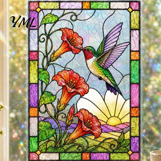 Static Decorative Window Film Stained Glass Clings, Hummingbird Flower Stickers, Removable No Glue Decal PVC Decals for Home Door Sunroom Privacy