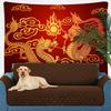 Traditional Chinese Dragon Tapestry, Double Dragons Chasing the Sun with Clouds Wall Hanging for Aesthetic Room Decor