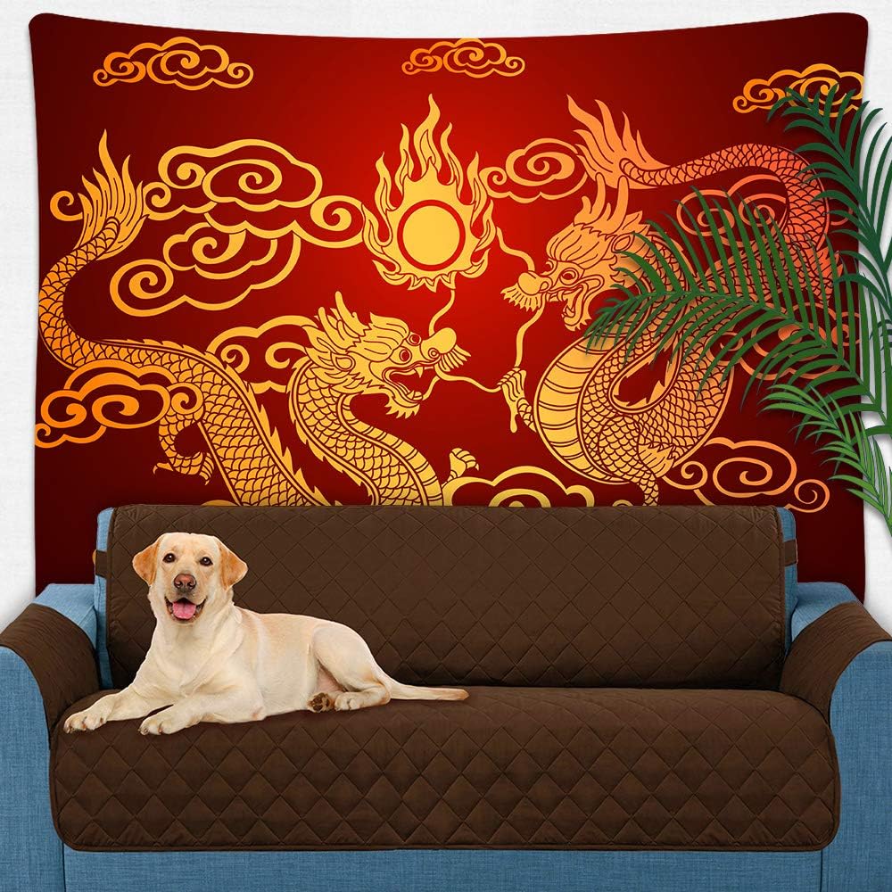 Traditional Chinese Dragon Tapestry, Double Dragons Chasing the Sun with Clouds Wall Hanging for Aesthetic Room Decor