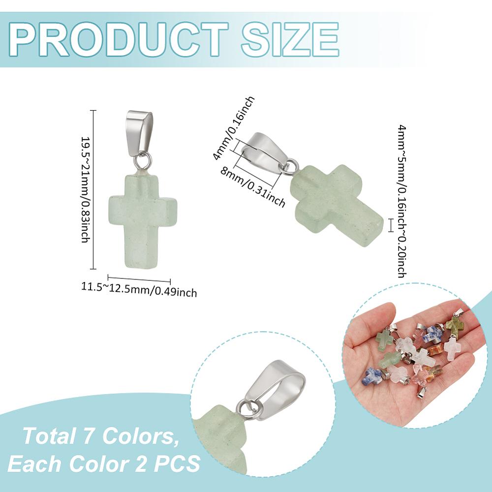 14Pcs 7 Styles Gemstone Cross Pendants with Stainless Steel Color Plated 201 Stainless Steel Snap on Bails Mixed Dyed and Undyed