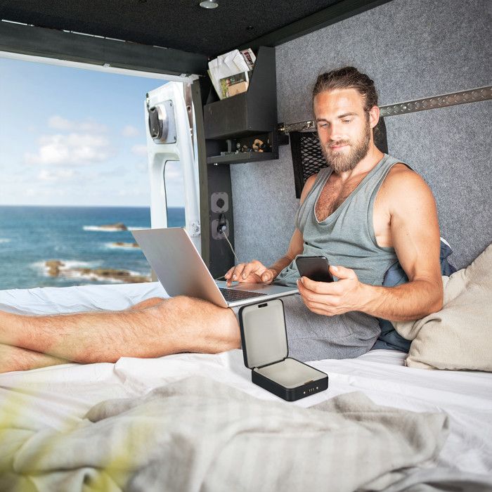 Relaxdays Coffre-fort nomade avec code, portable, avec câble de sécurité, acier, HxLxP: 6x16x20 cm, noir