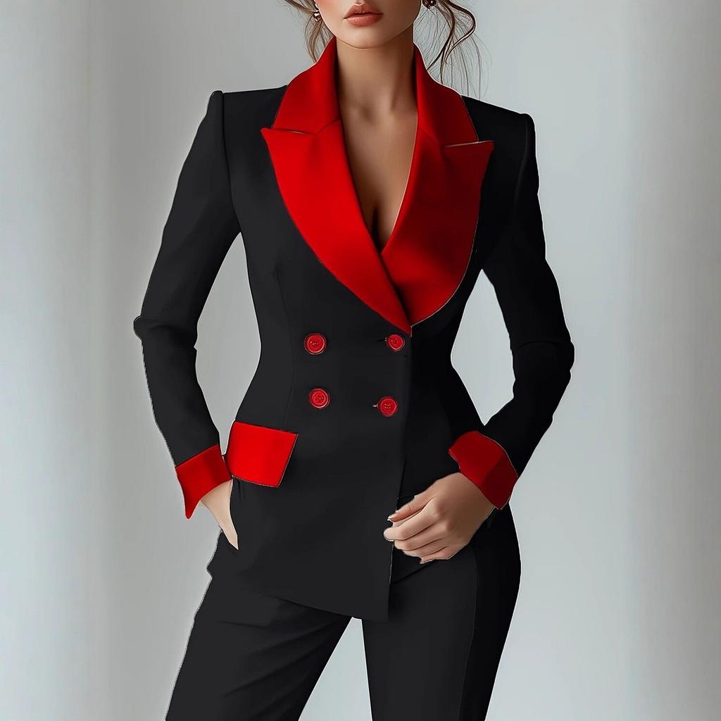 Women's White Blazer Set with Red Contrast Trim and Notch Lapel