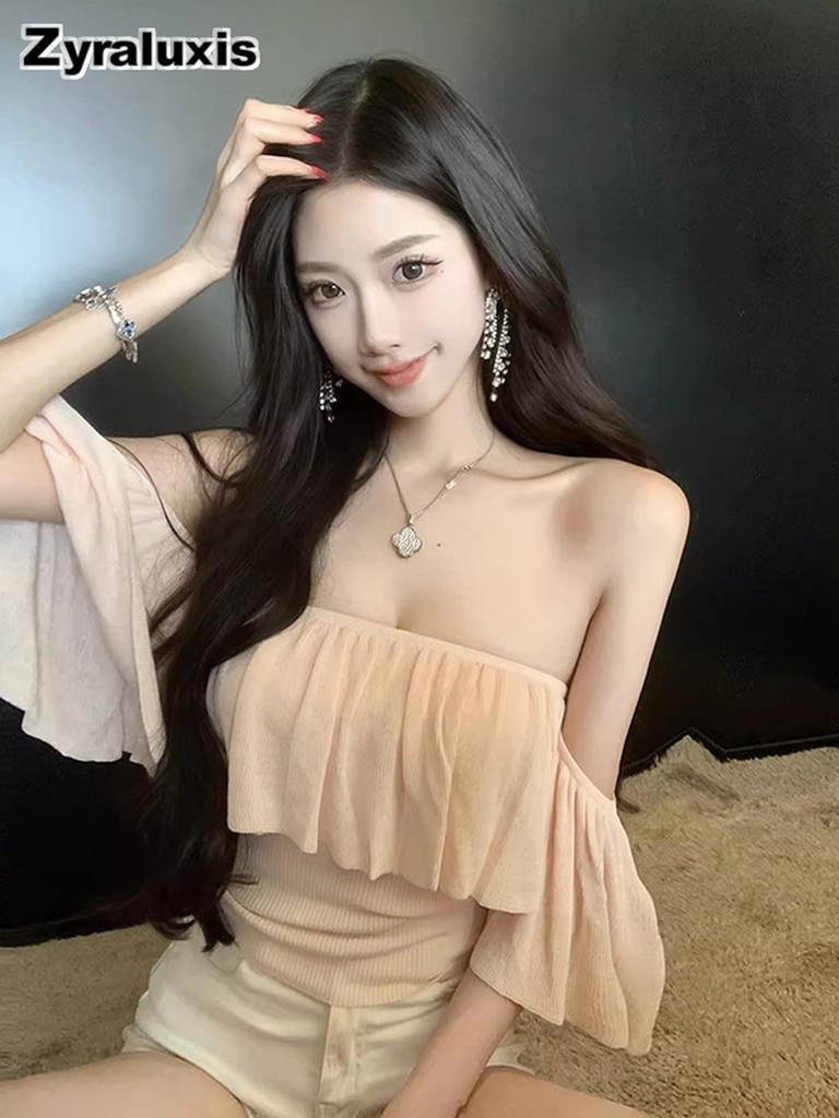 Summer Korean Yout Style Cropped Slim Fit Tube Top Shoulderless Top Pink Ruffled One-Shoulder T-Shirt for Women