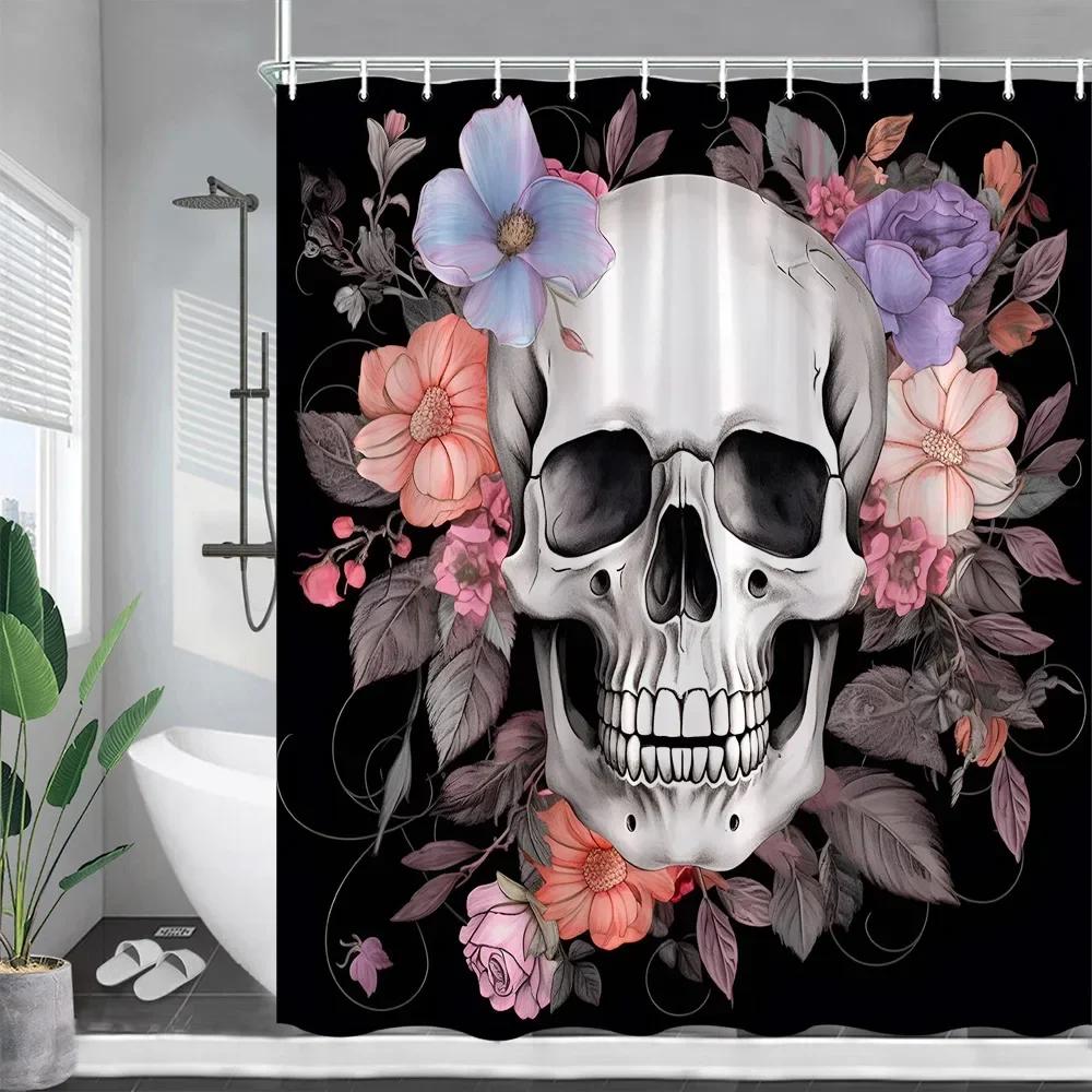 

Funny Skeleton Shower Curtains Love Skull Black White Flowers Starry Sky Halloween Bath Curtain Fabric Bathroom Decor With Hooks 90x180cm-35x70in