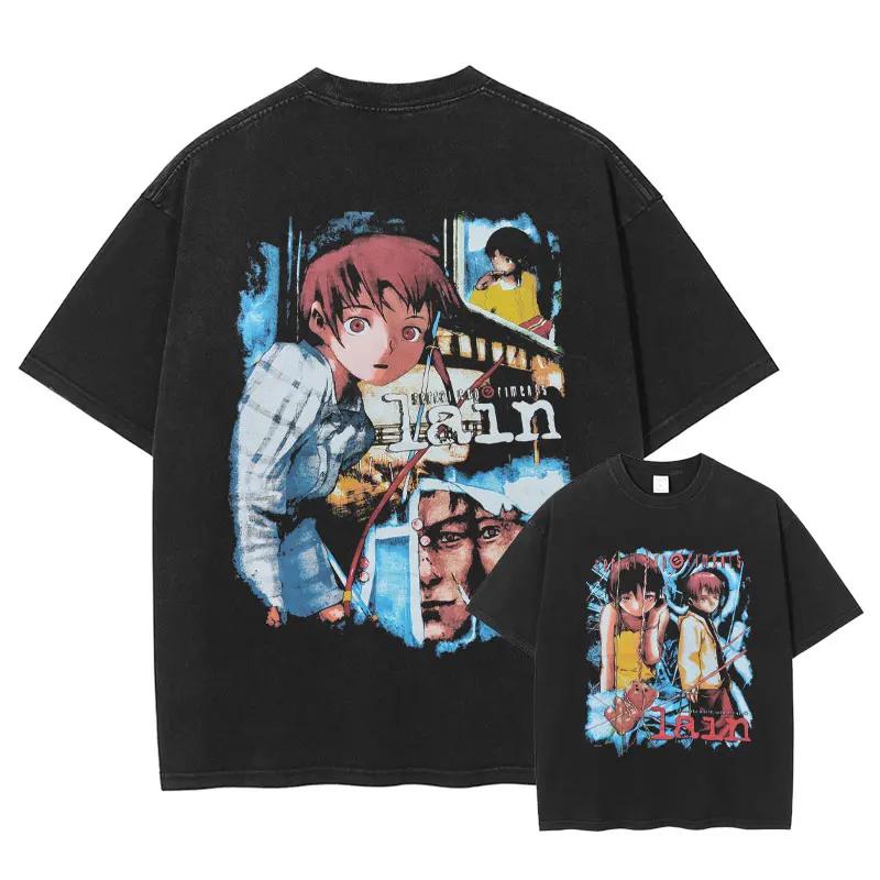 

New Arrival Mens Clothes Tee Shirt Homme T-Shirts Men Tshirt for Men Anime Iwakura Lain Vintage Washed Manga Pattern 62936 4XL