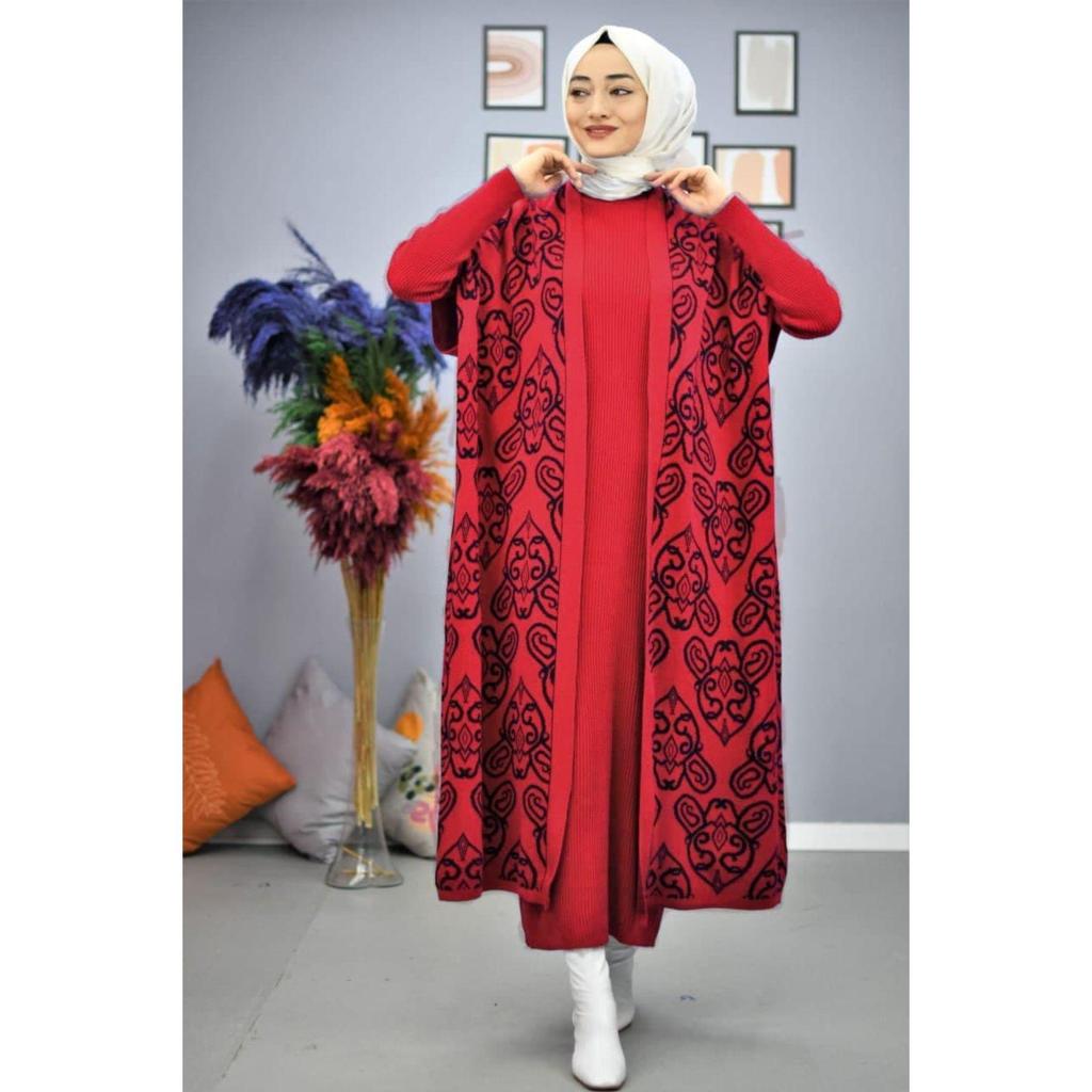 Buy Two Piece Muslim Sets Maxi Dress and Abstract Pattern Cardigan