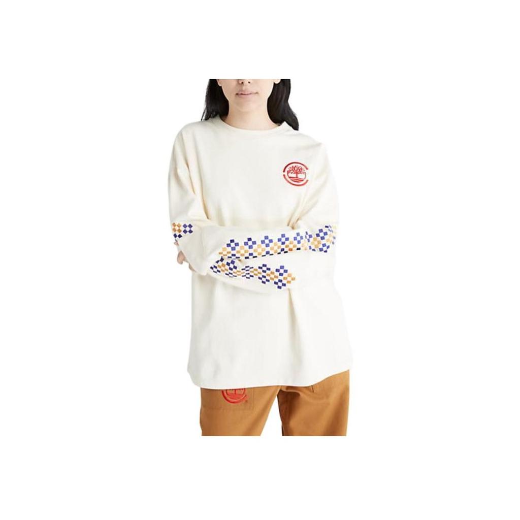 Timberland X CLOT Collaboration Casual Sports Embroidered Printed Geometric Pattern Crew Neck Long Sleeve T-Shirt Unisex Tops White A63MD-V04