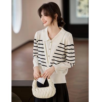 Fake Two-piece Color Matching Striped Knitted Sweater Women's Long-sleeved New Foreign-style Sweater Versatile French Top