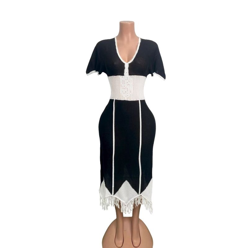 

Western Style Fashion Casual Short sleeve V-neck Knitted Hollow Tassel Dress Knited Fringe Dress Black One size