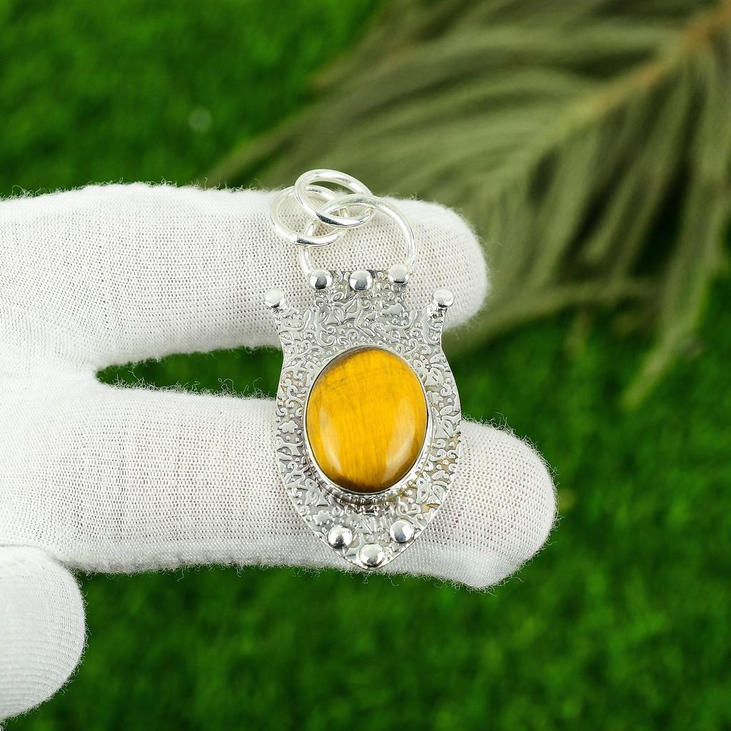 Natural Tiger Eye Gemstone Pendant Handmade 925 Sterling Silver Indian Jewelry