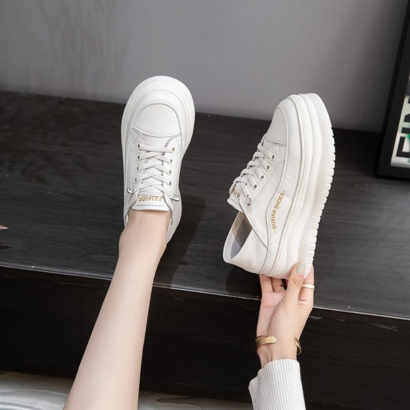 

Leather platform white shoes women s summer and autumn new soft-soled heightening board shoes one pedal light muffin single shoes 40 бежевий