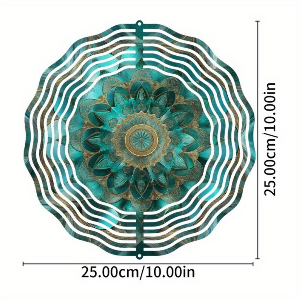 Hanging Wind Spinner with Intricate Mandala Design – Teal Blue & Golden Metal Art Chime for Balcony, Lawn, or Garden Decor, 360° Rotating Hook