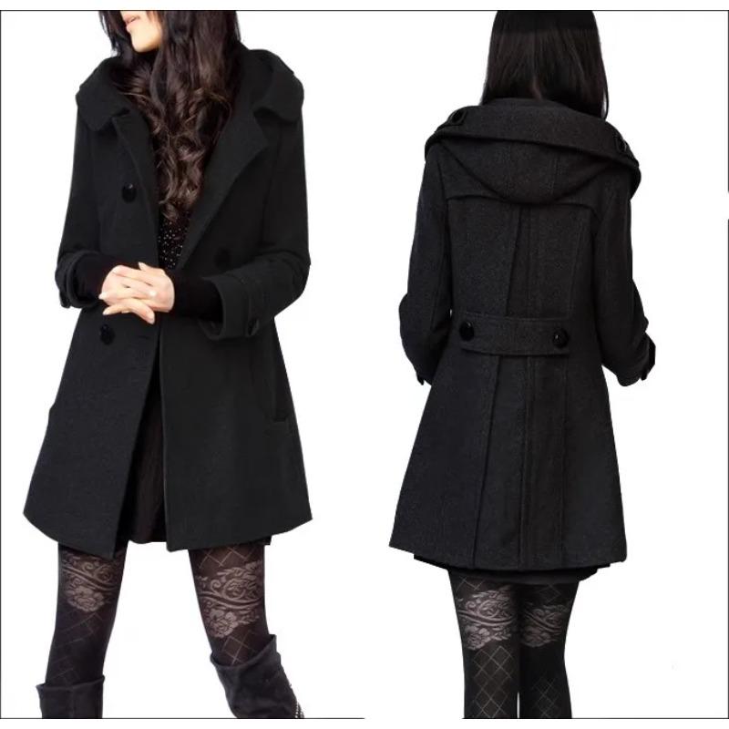 Fashion Winter Warm Mid-length Woolen Coat Women s Fall Winter Long Sleeve Jacket Hood Double-breasted Outerwear S