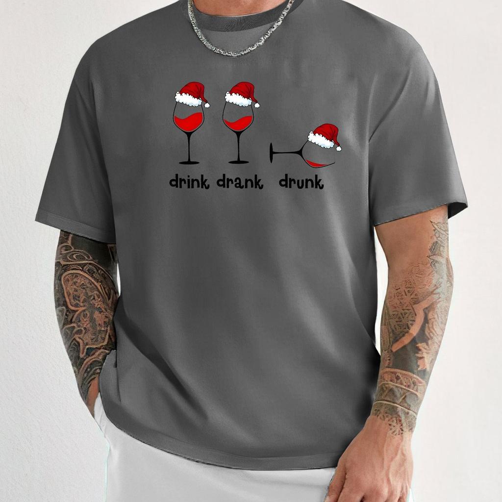 Mens Short Sleeve Cotton Christmas with Drunk Glasses Printed Alcohol Lovers Soft Comfortable Breathable Street Hip Hop Daily