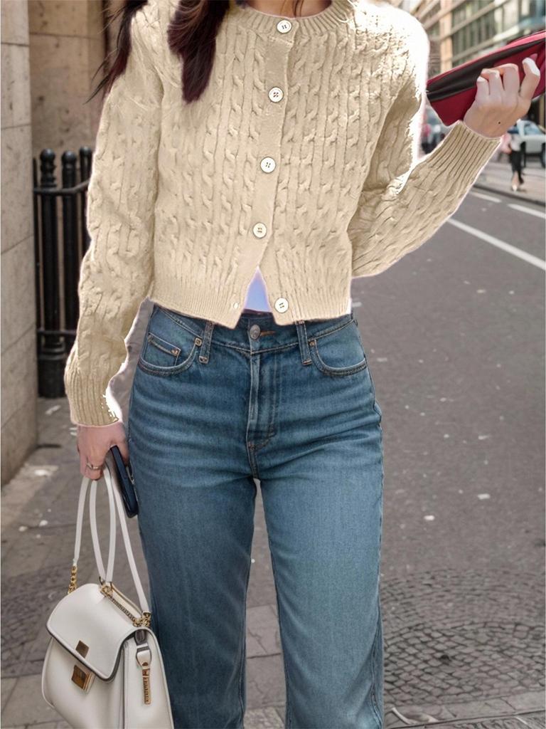 Women's Cable Knit Cardigan Sweater: Autumn/Winter Round Neck Solid Color Knitwear Top