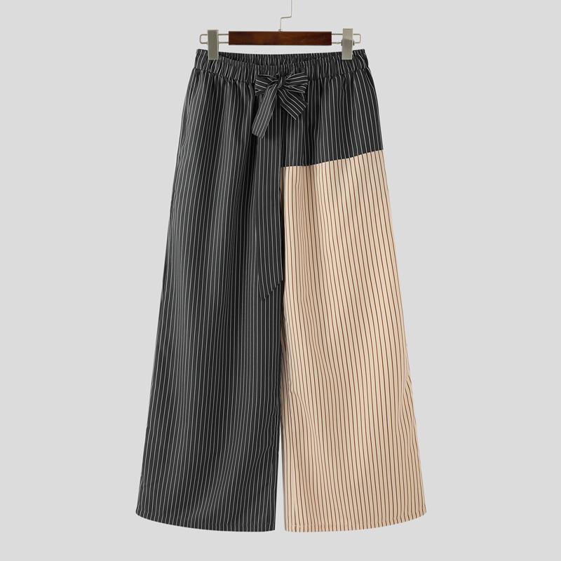 

INCERUN Men Elastic Waist Bow Knot Striped Stitching Casual Long Wide Legs Pants S чёрный
