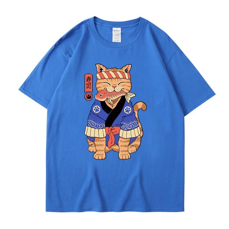 Japanese Harajuku Samurai Sword Cat T-Shirt Men Women Casual Tee Clothes Cotton Summer Tops Breathable T-Shirts