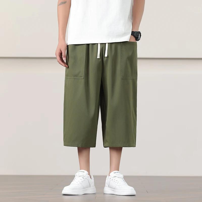 Summer Chinese Style Men Soild Color Calf Lenght Pants Men Breathable Lightweight Trousers Man Loose Daily Casual Striped Bottom