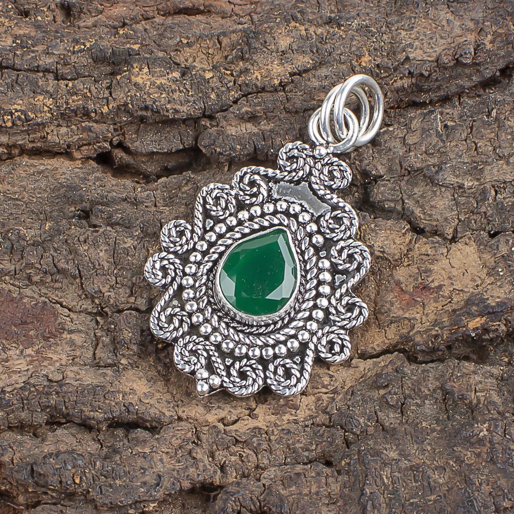 Green Onyx Gemstone 925 Sterling Silver Handcrafted Statement Pendant 1.55" For Birthday Gift PP-25-17