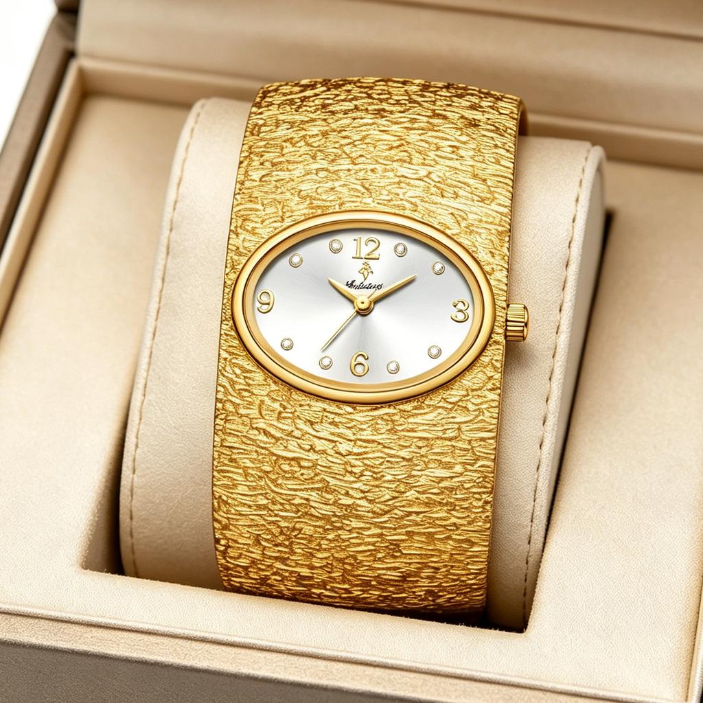 YaLaLuSi Retro Hammered Gold Cuff Watch for Ladies Oval Silver Dial Crystal Dress Wristwatch Gift