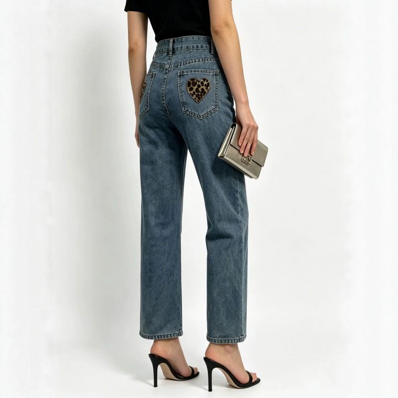 Womens Low Rise Wide Leg Straight Jeans Retro Blue Heart Leopard Casual Denim Pants