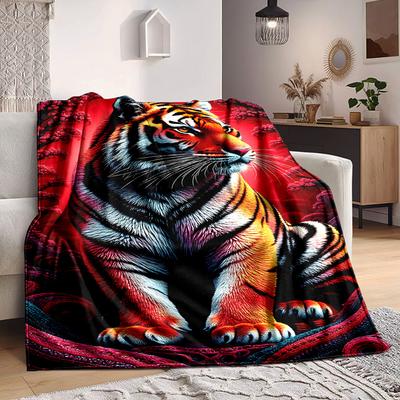 1pc Tiger Print Blanket Lightweight Flannel Blanket Throw Blanket For Sofa, Bed, Travel, Camping, Livingroom, Couch, Chair, And Bed Yy2509026206
