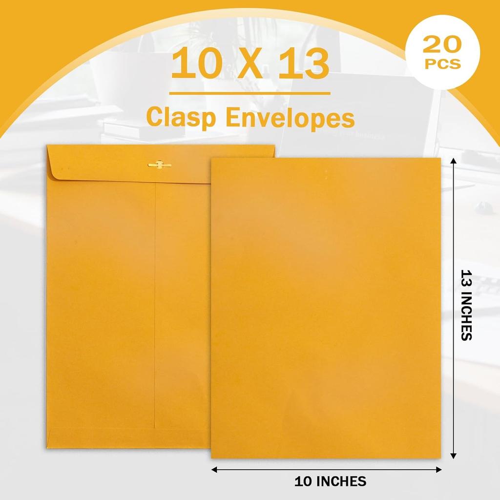 10x13 Clasp Envelopes 20 Pack, Goefun Large Brown Yellow Manilla Envelopes 10x13 with Clasp and Gummed Seal for Office - 100GSM Kraft Paper