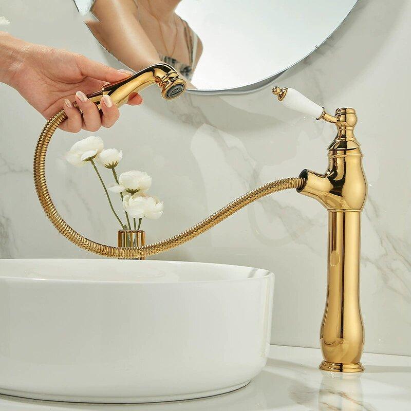 Gold Bathroom Ceramic handle Basin Faucets Pull Out Mixers Sink Faucet Washbasin Taps Water Tap Tapware Crane Brass Material