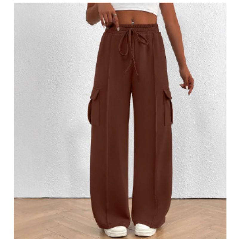 Womens Wide Leg Casual Pants Winter Mid-Rise Loose Fit Joggers With Drawstring Waist Comfortable Everyday Trousers