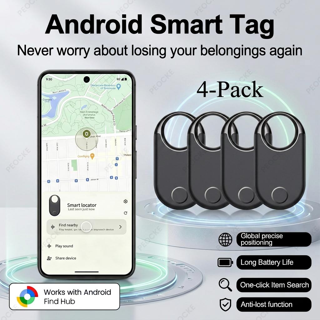 1-4 Pack Smart Location Tag Works With Android Google Find Hub Anti-Lost Bluetooth Locator GPS Tracker Key Finder Pets Bag