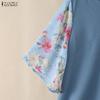 ZANZEA Damen Lässige V-Ausschnitt Print Patchwork 3/4 Ärmel Lockere Bluse