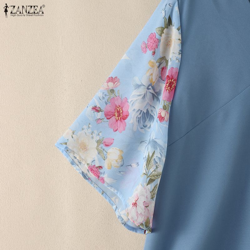 ZANZEA Damen Lässige V-Ausschnitt Print Patchwork 3/4 Ärmel Lockere Bluse