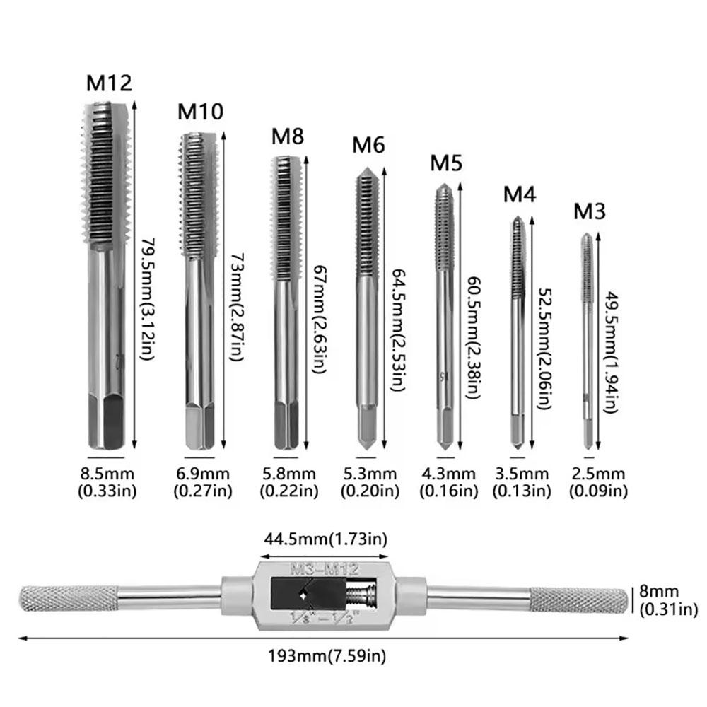 Set of metric plug taps with manual screw thread 3F M3 M4 M5 M6 M8 M10 M12 with adjustable tap wrench 1/16-1/4"