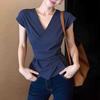 French-style V-neck Short-sleeve Shirt for Women, New Summer Waist-cinching Design, Niche, High-end Cropped Top