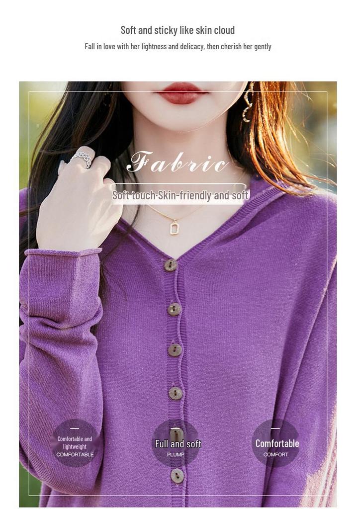 Tencel Linen Hooded Knit Cardigan - Women's Long Sleeve Solid Color Loose Fit Top
