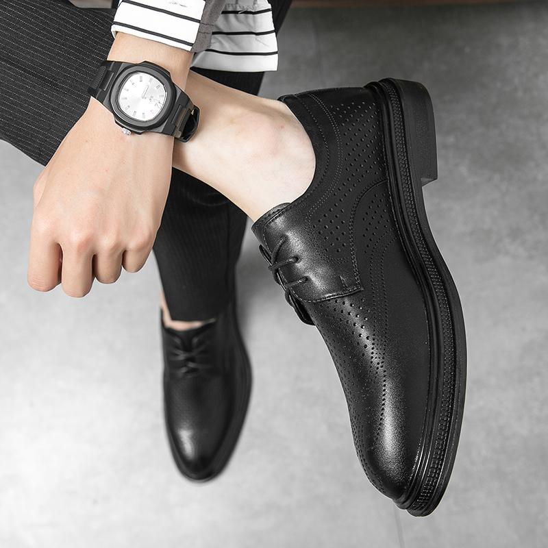 Fashion British Style Retro Brown Men's Leather Casual Shoes Thick Soled Business Formal Shoes Hollowed Out Breathable Men's Work Shoes