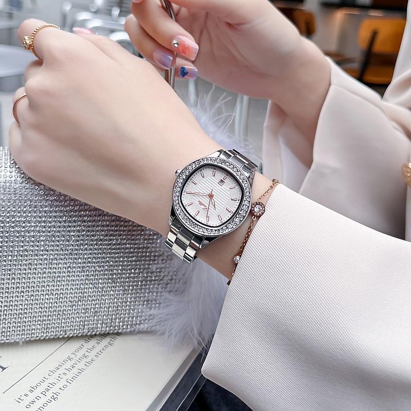 Fashion Diamond Watch Femininity Stainless Steel Strap Calendar Personalized Belt Watch Ladies Watch